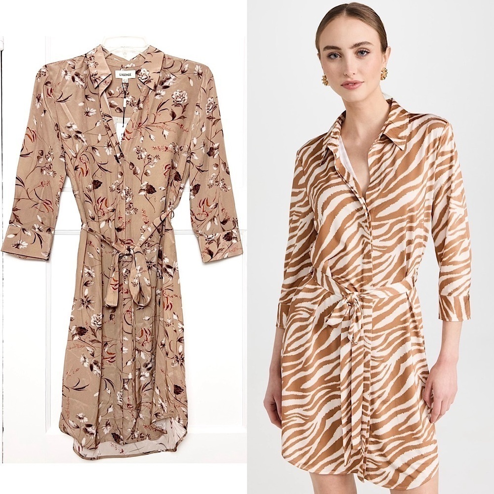 NWT L’AGENCE Silk Beige Floral Tie Waist Button Up Long Sleeve Shirt Dress XS